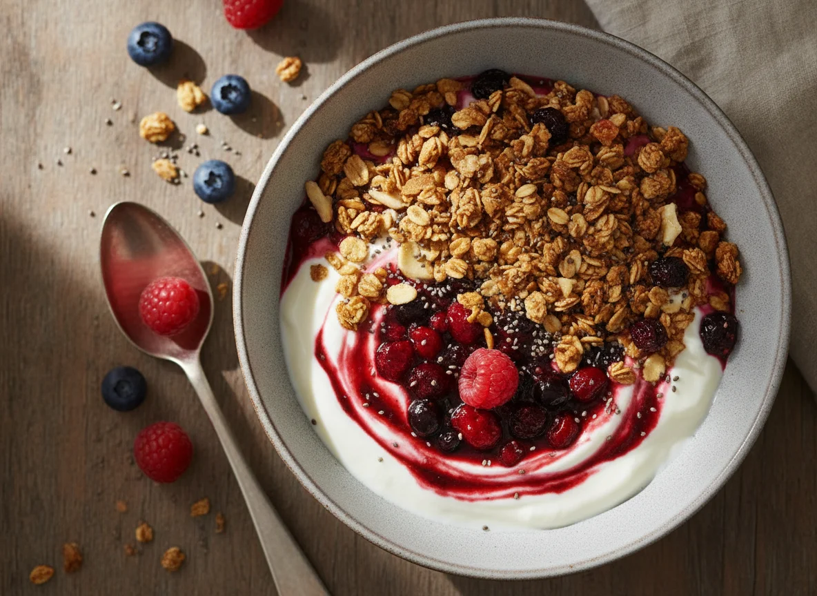 Joghurt mit Fruchtpüree und Müsli photo