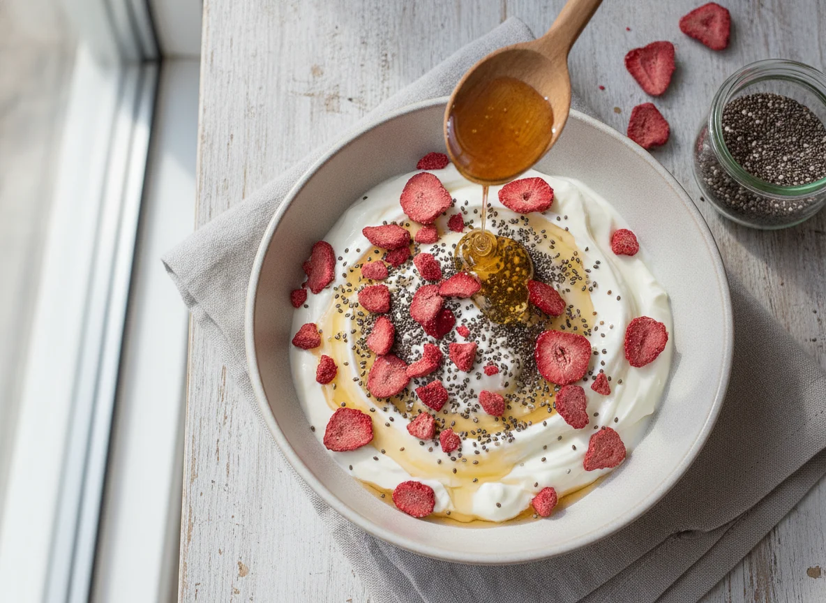 Joghurt mit gefriergetrockneten Erdbeeren und Chiasamen photo