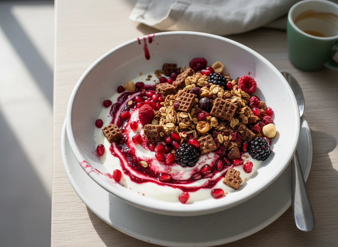 Joghurt mit Granatapfel und Müsli photo