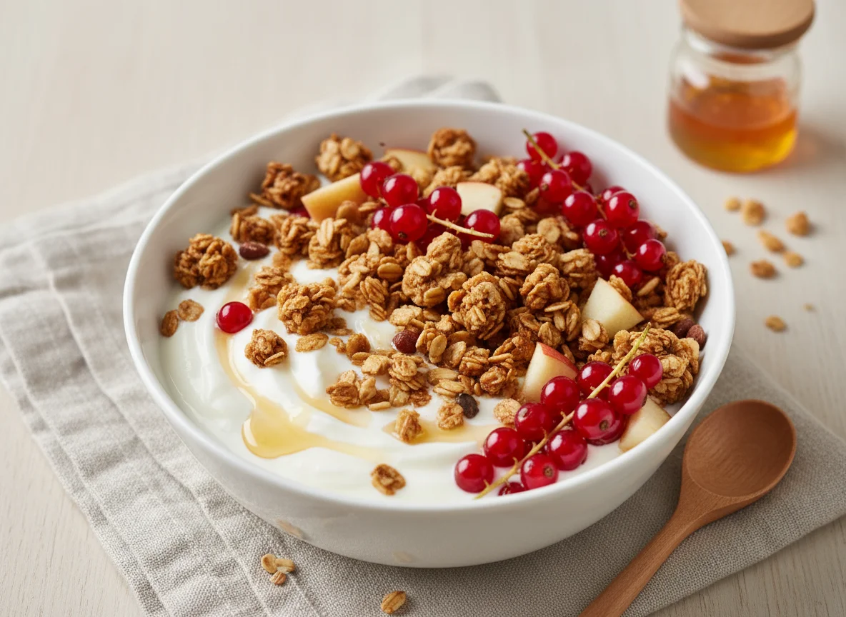 Joghurt mit Granola und Früchten photo