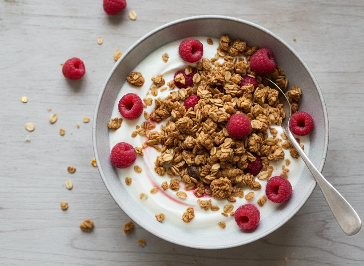 Joghurt mit Granola und Himbeeren photo