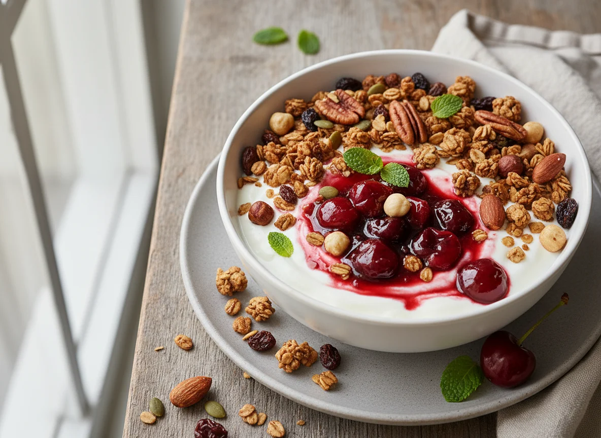 Joghurt mit Granola und Kirschkompott photo