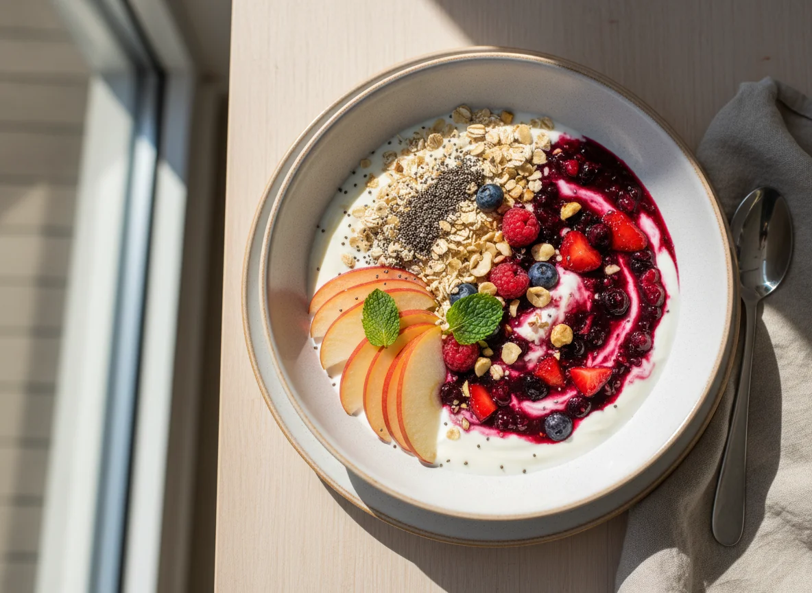 Joghurt mit Haferflocken, Apfel und Beerenkompott photo