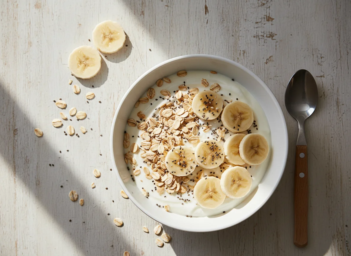 Joghurt mit Haferflocken, Chiasamen und Banane photo
