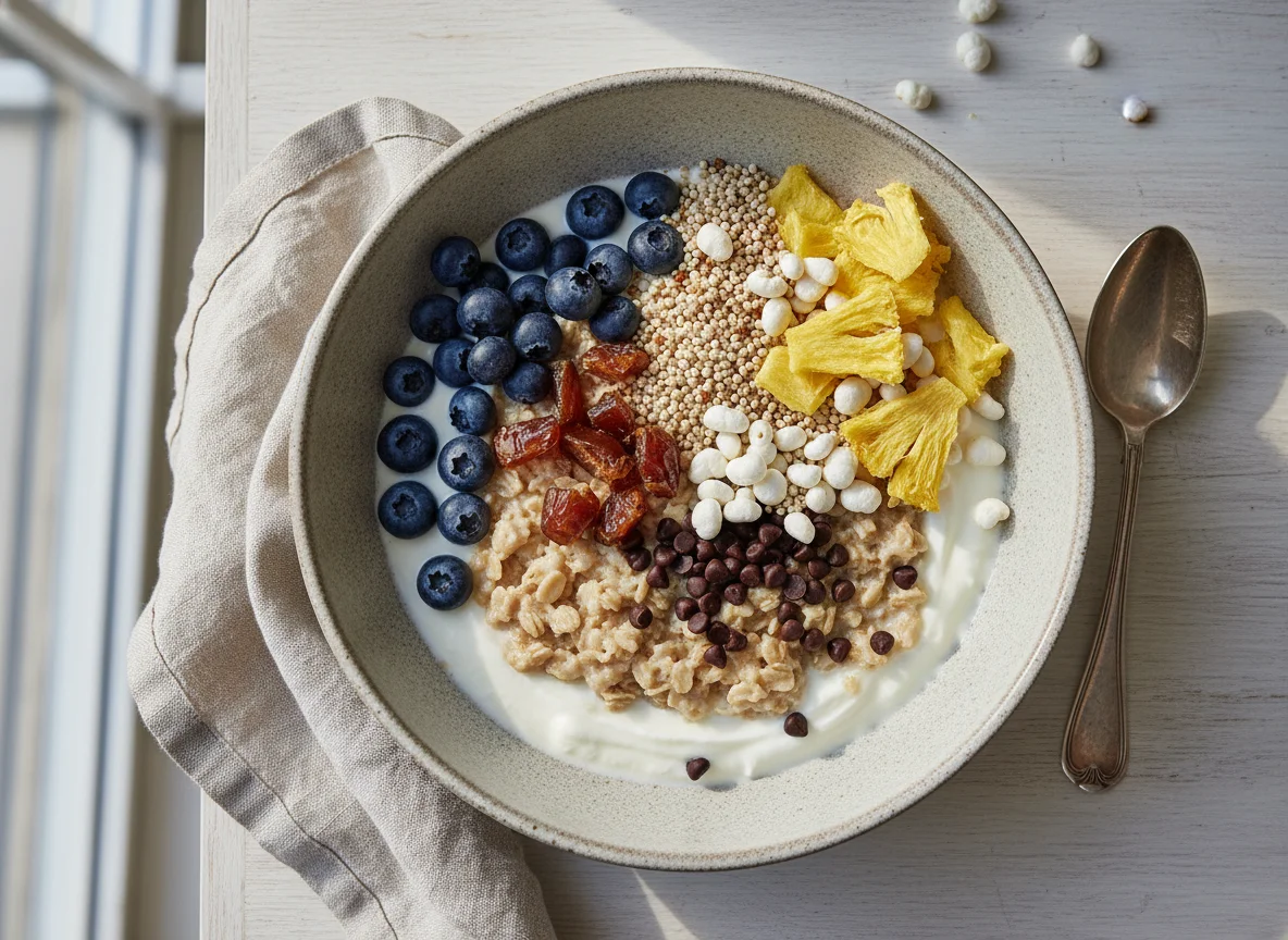 Joghurt mit Haferflocken, Früchten und Toppings photo