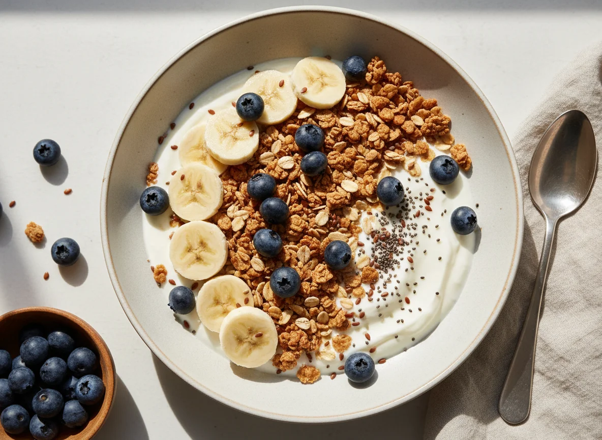 Joghurt mit Haferflocken, Müsli und Früchten photo