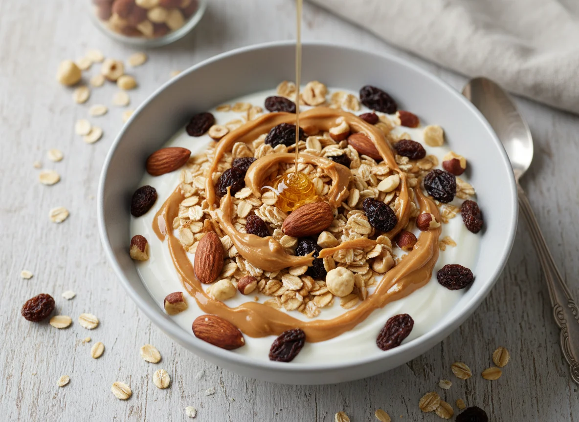Joghurt mit Haferflocken, Nüssen, Rosinen und Saucen photo