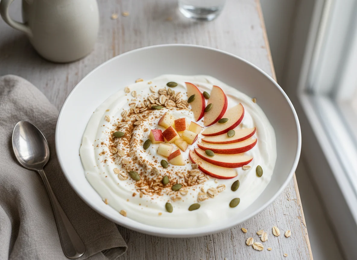 Joghurt mit Haferflocken und Apfel photo