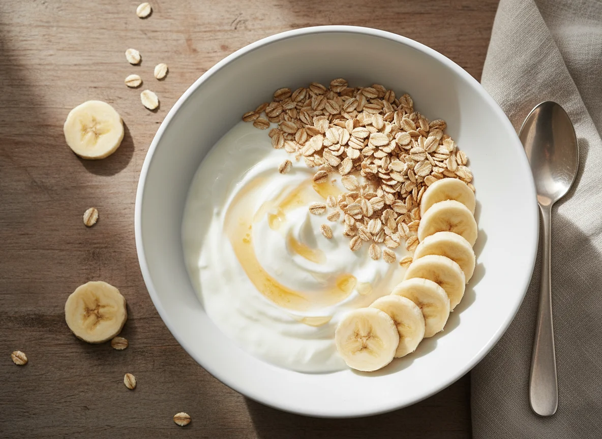 Joghurt mit Haferflocken und Banane photo