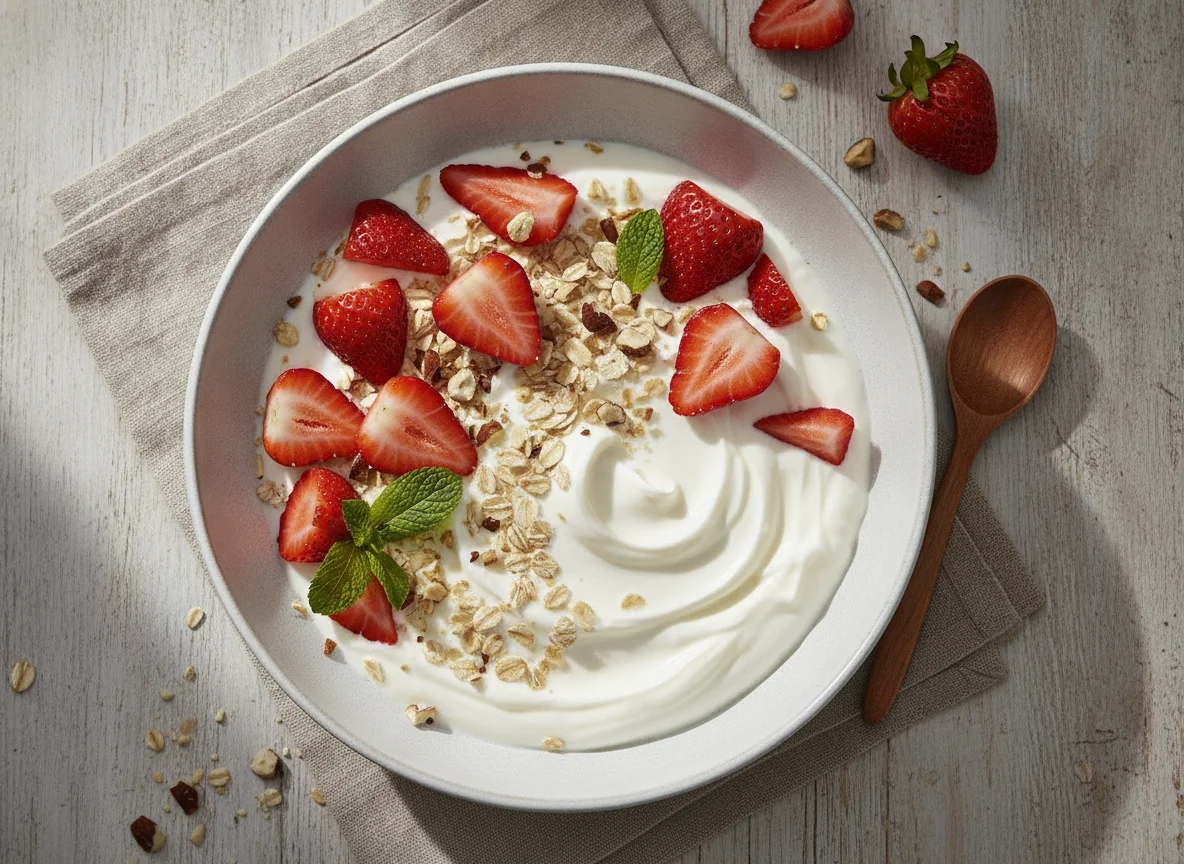 Joghurt mit Haferflocken und Erdbeeren photo