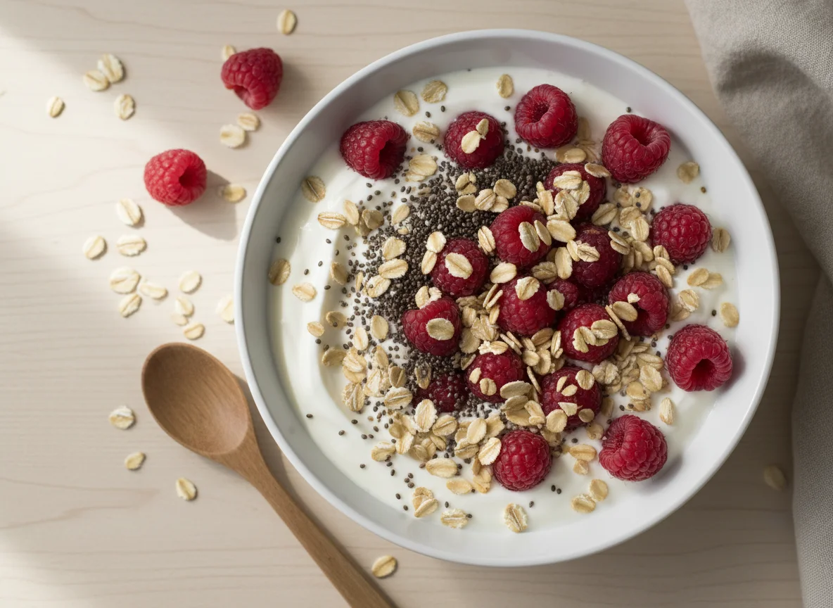 Joghurt mit Haferflocken und Himbeeren photo
