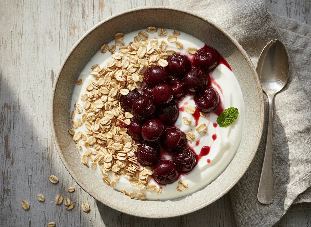 Joghurt mit Haferflocken und Kirschen photo