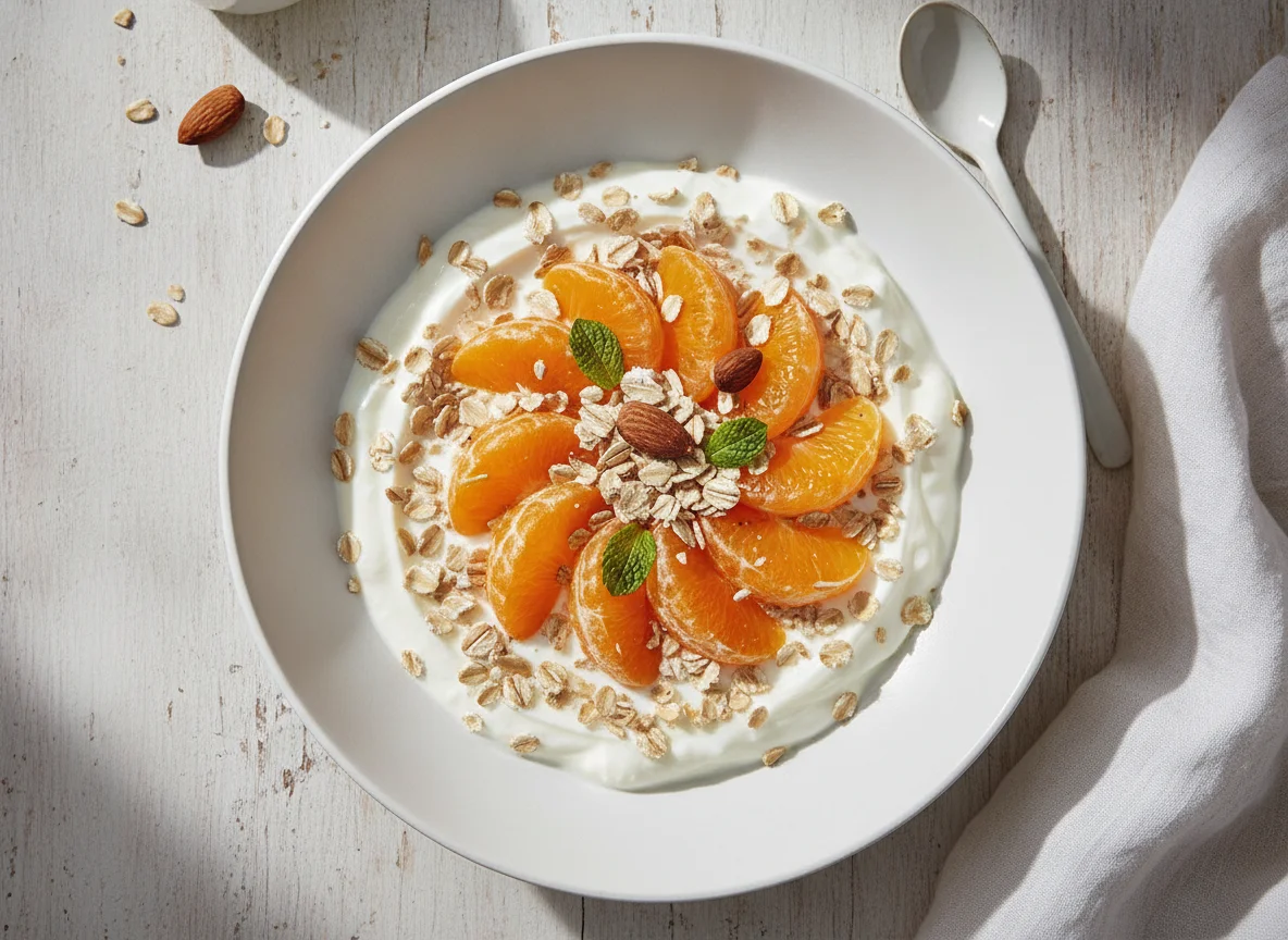 Joghurt mit Haferflocken und Mandarinen photo