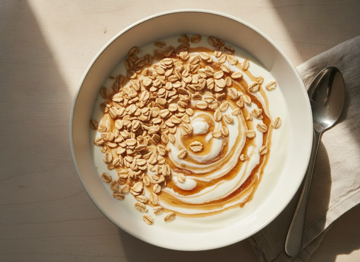 Joghurt mit Haferflocken und Sirup photo