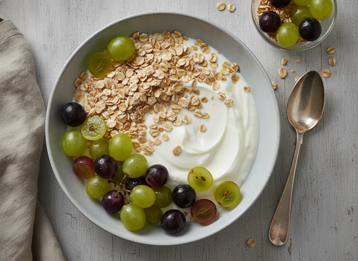 Joghurt mit Haferflocken und Weintrauben photo