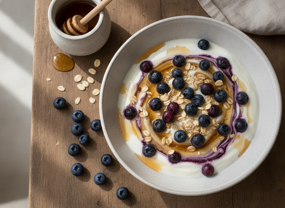 Joghurt mit Heidelbeeren und Honig photo