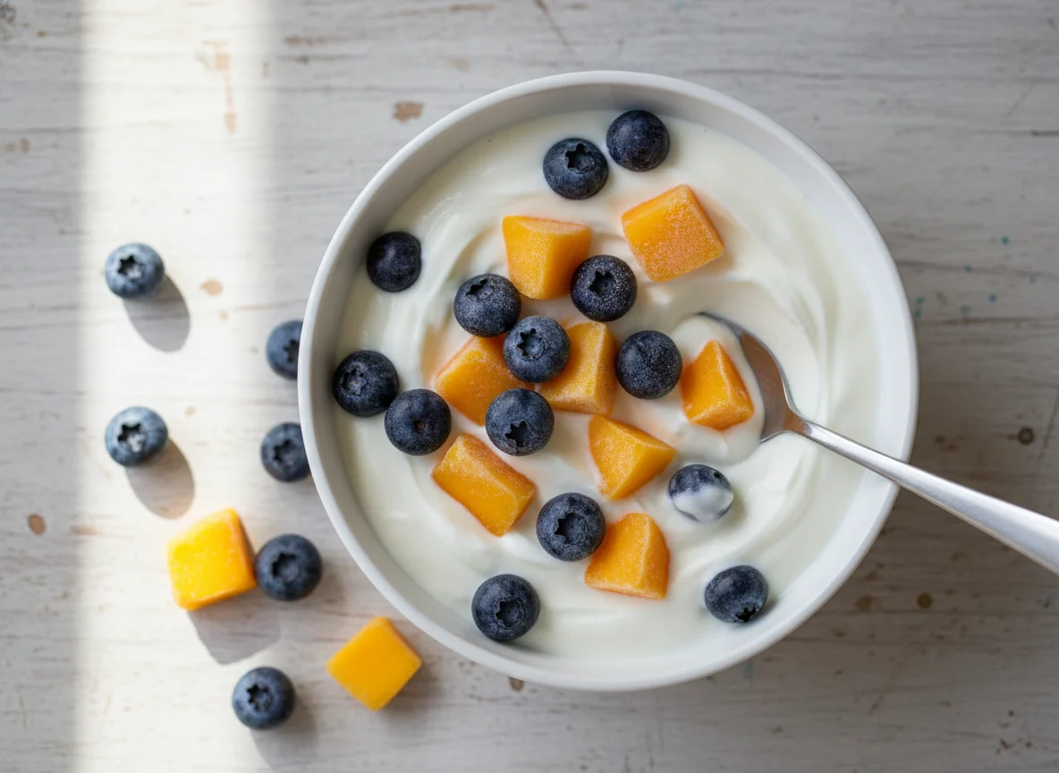 Joghurt mit Heidelbeeren und Mango photo