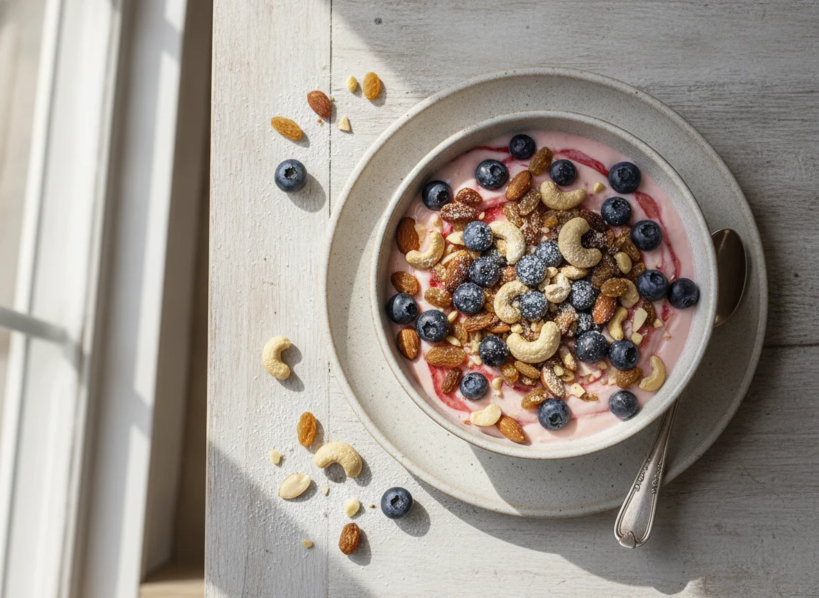 Joghurt mit Heidelbeeren und Nüssen photo