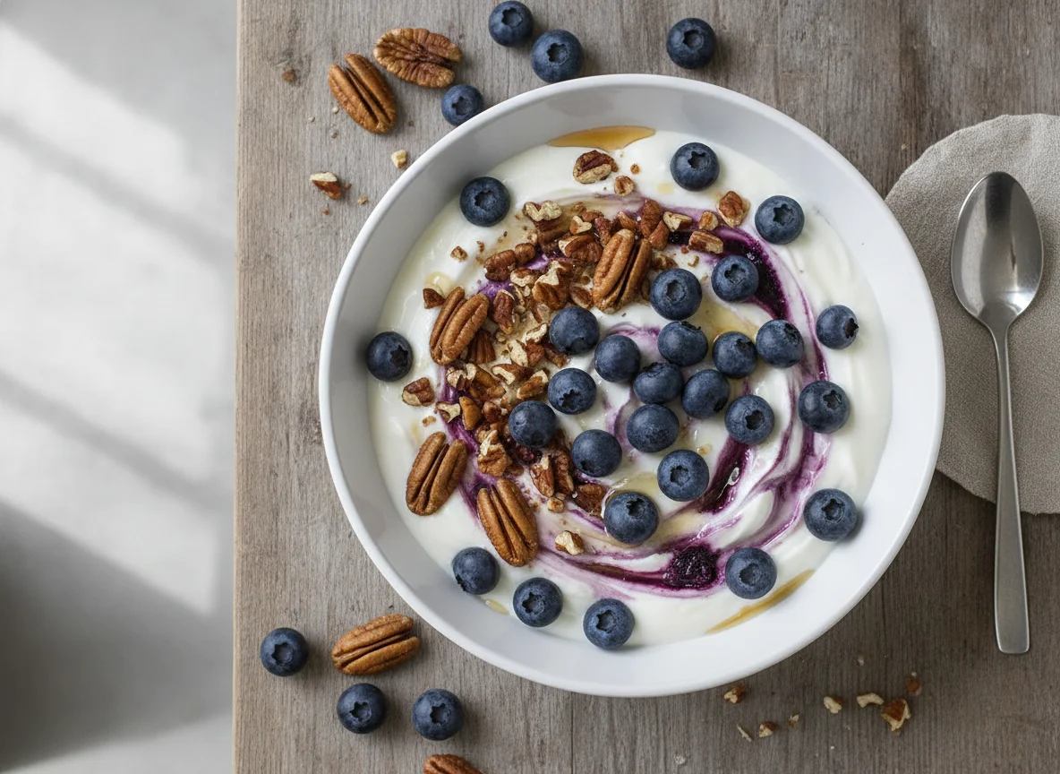 Joghurt mit Heidelbeeren und Pekannüssen photo