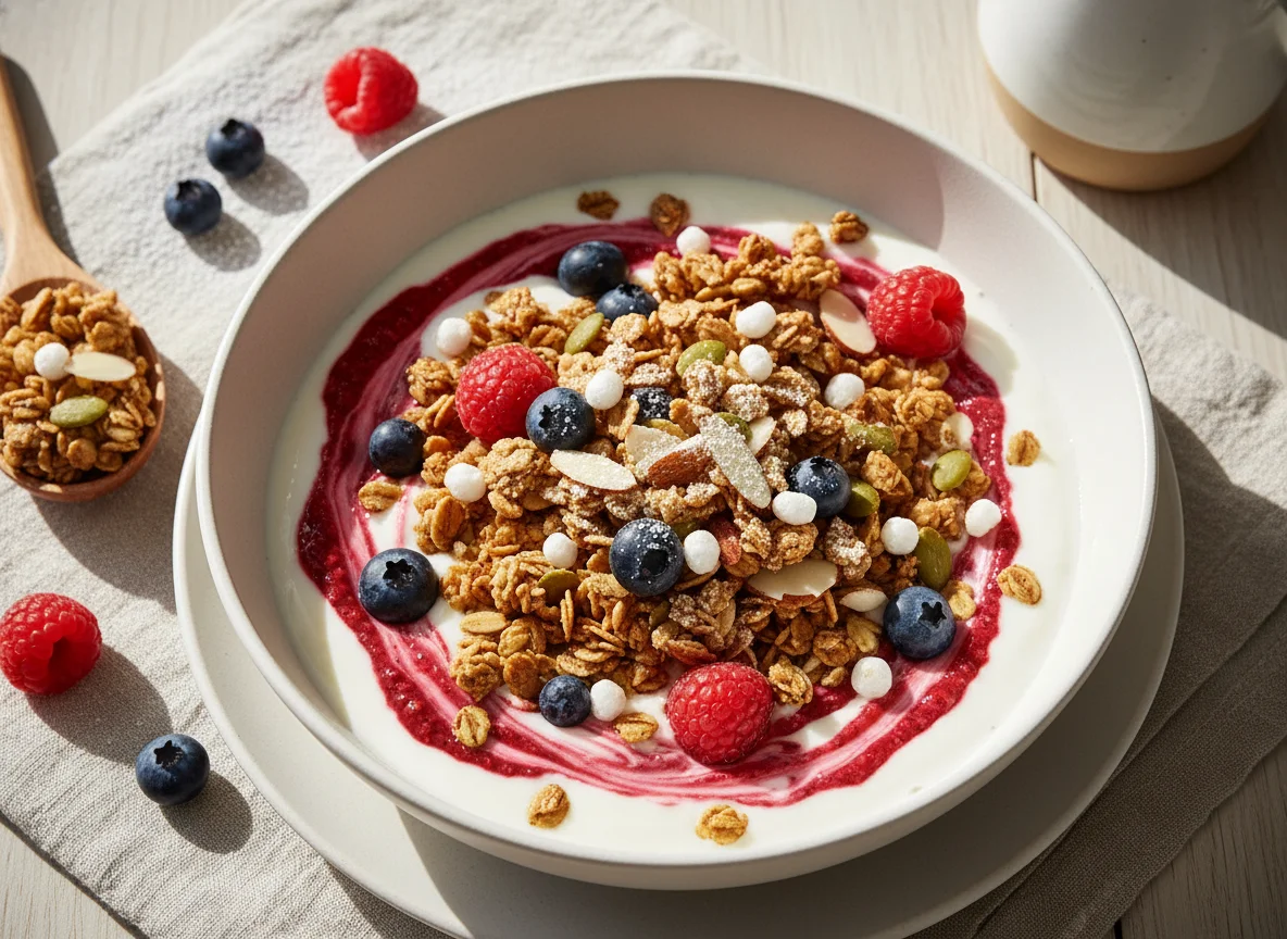 Joghurt mit Himbeeren, Blaubeeren und Granola photo