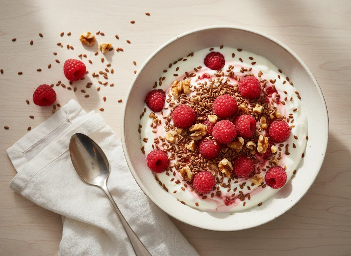 Joghurt mit Himbeeren, Leinsamen und Walnüssen photo