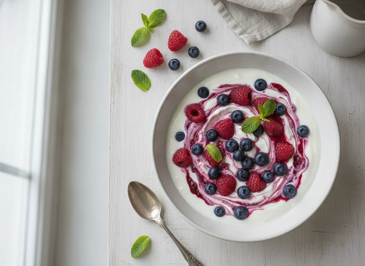 Joghurt mit Himbeeren und Blaubeeren photo