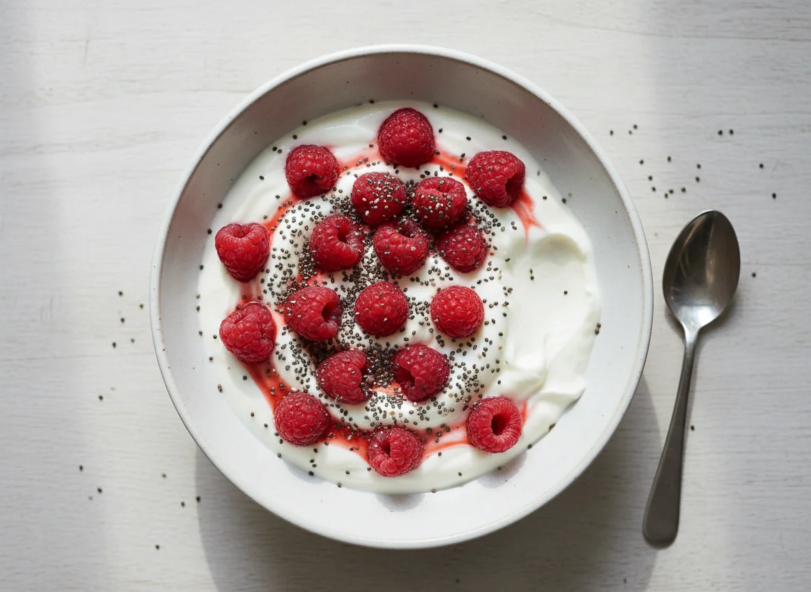 Joghurt mit Himbeeren und Chiasamen photo