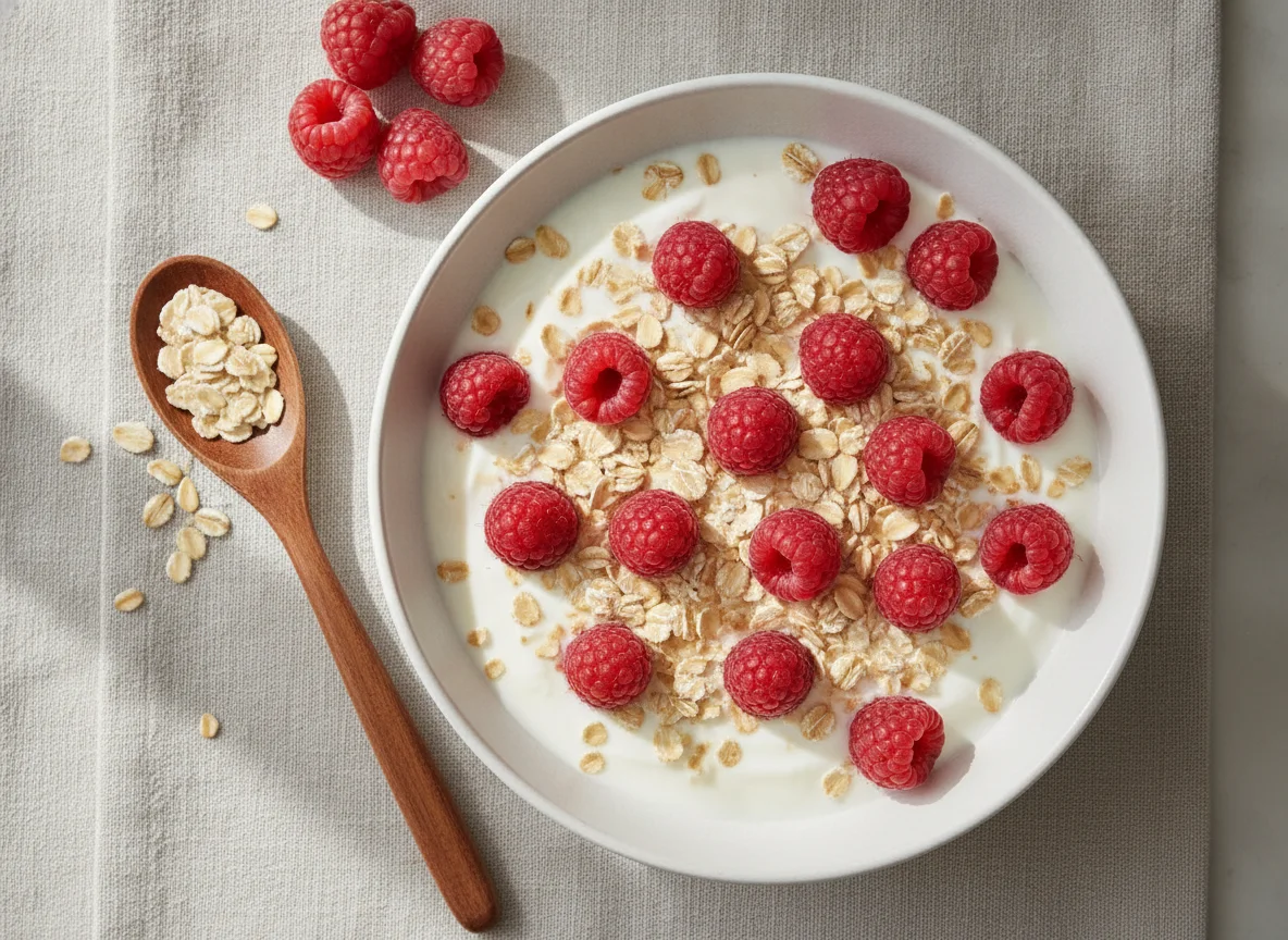 Joghurt mit Himbeeren und Haferflocken photo