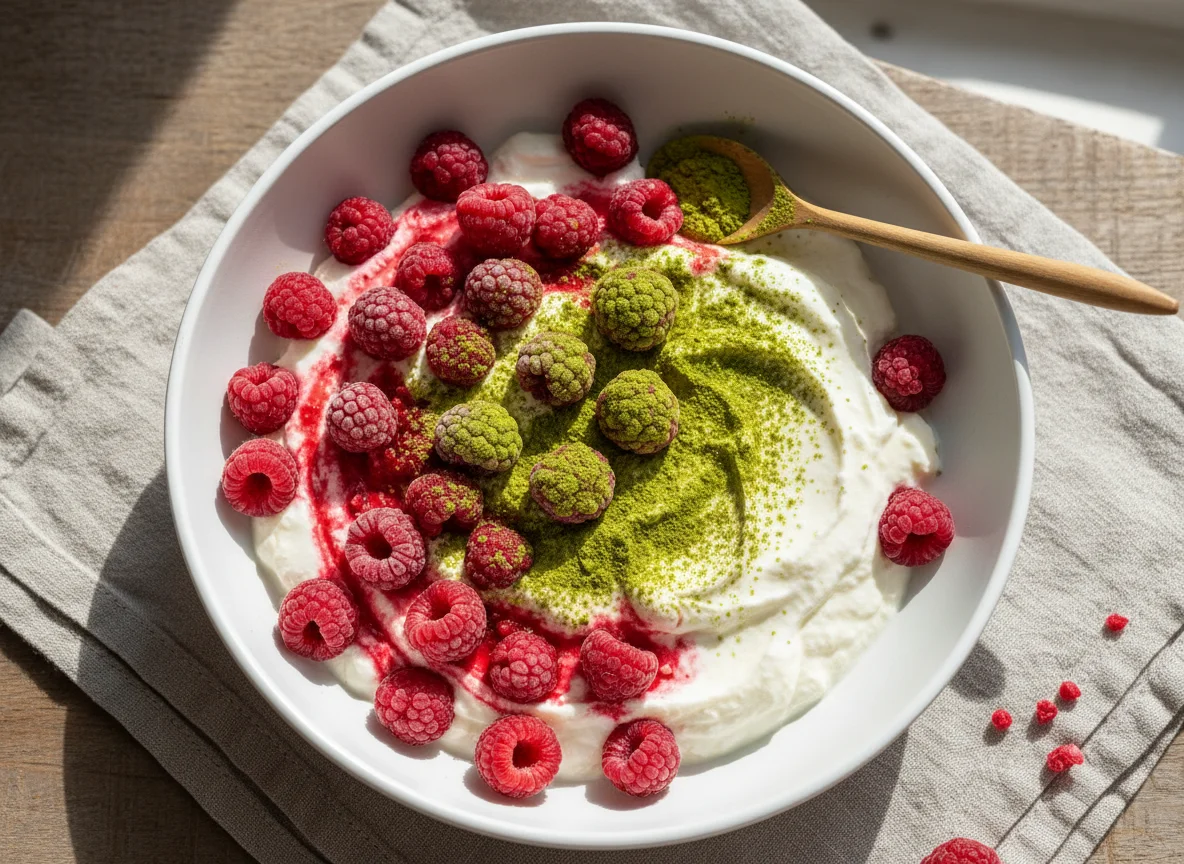 Joghurt mit Himbeeren und Matcha photo