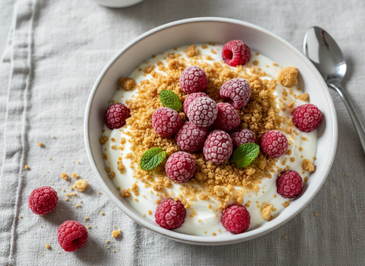 Joghurt mit Himbeeren und Streuseln photo