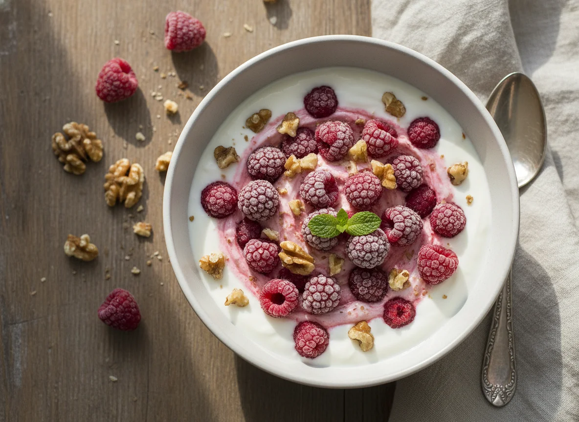 Joghurt mit Himbeeren und Walnüssen photo