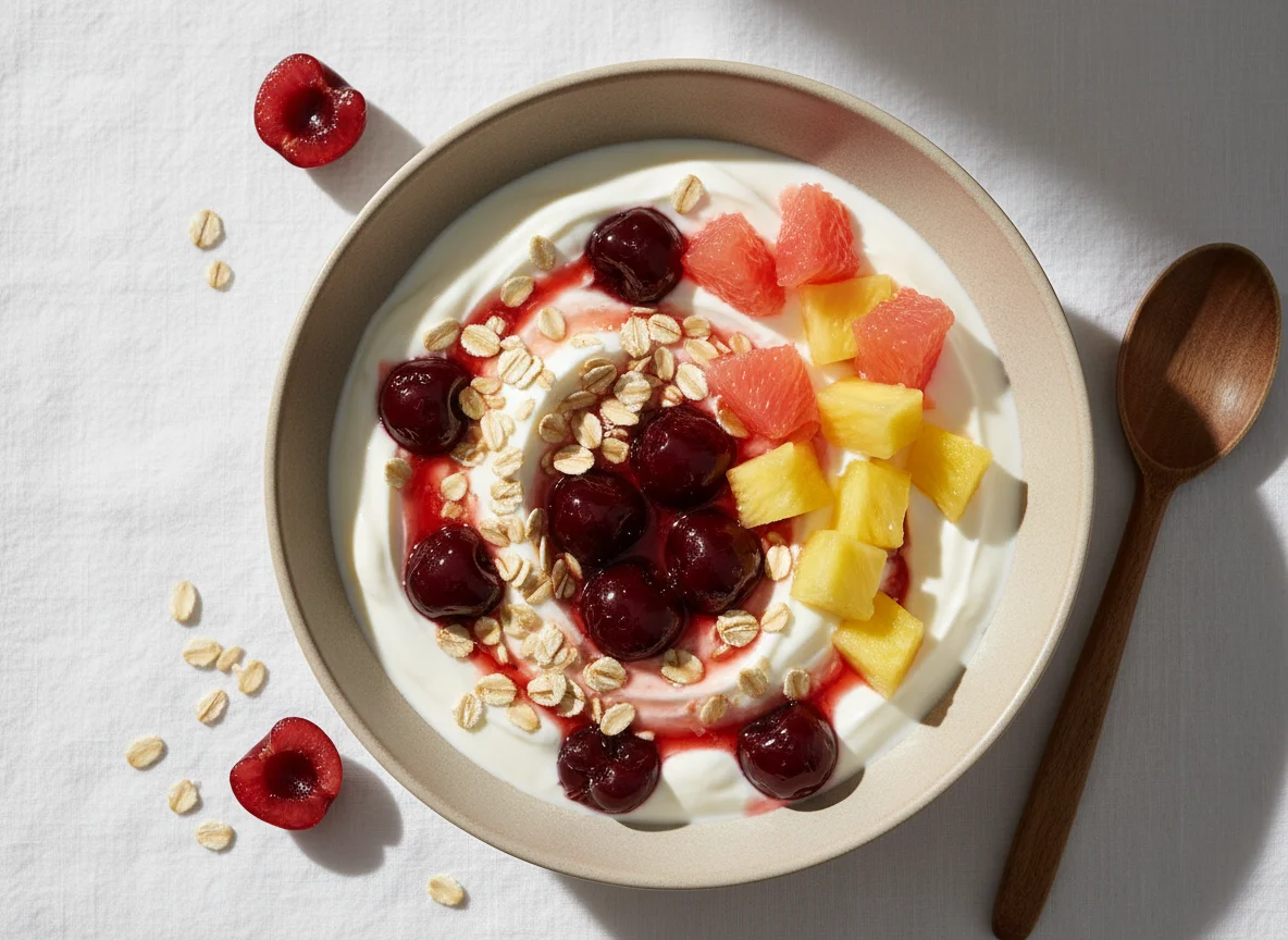 Joghurt mit Kirschen, Haferflocken und Früchten photo