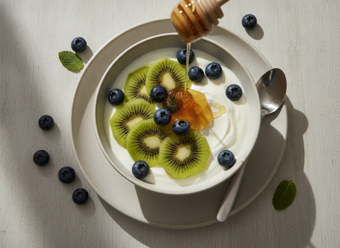 Joghurt mit Kiwi, Heidelbeeren und Honig photo