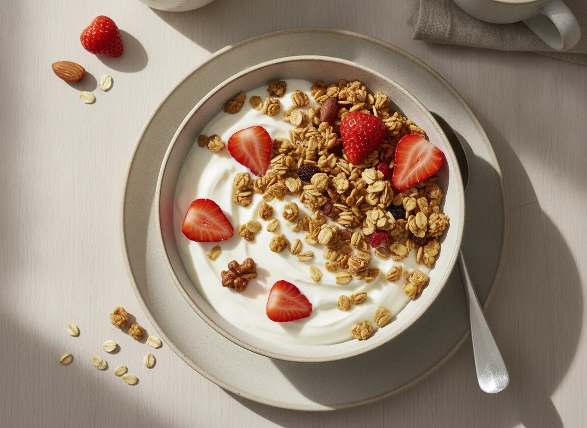 Joghurt mit Knuspermüsli und Erdbeeren photo
