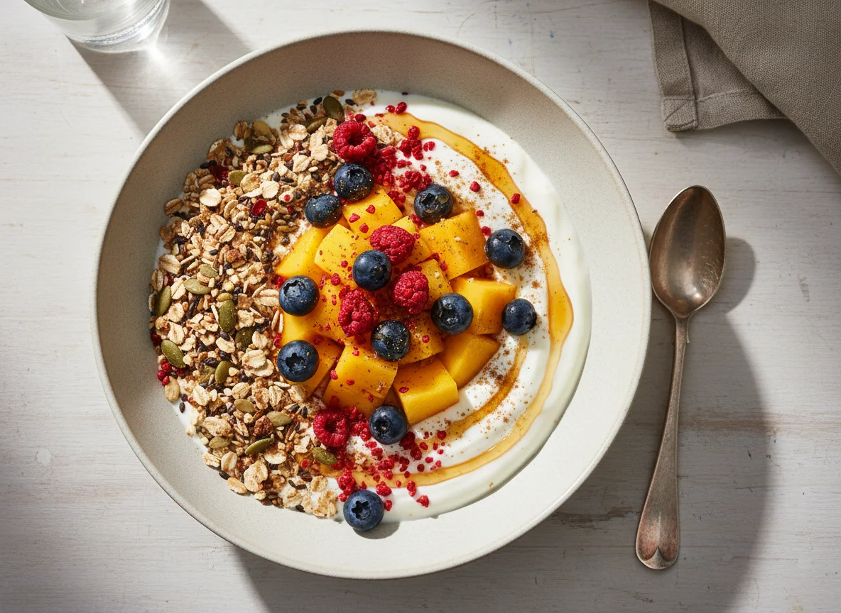 Joghurt mit Mango, Beeren und Müsli photo