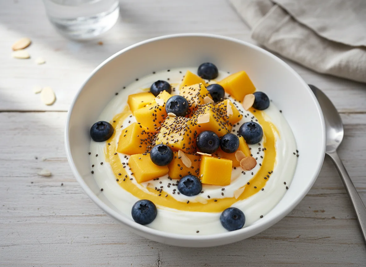 Joghurt mit Mango, Heidelbeeren und Chiasamen photo
