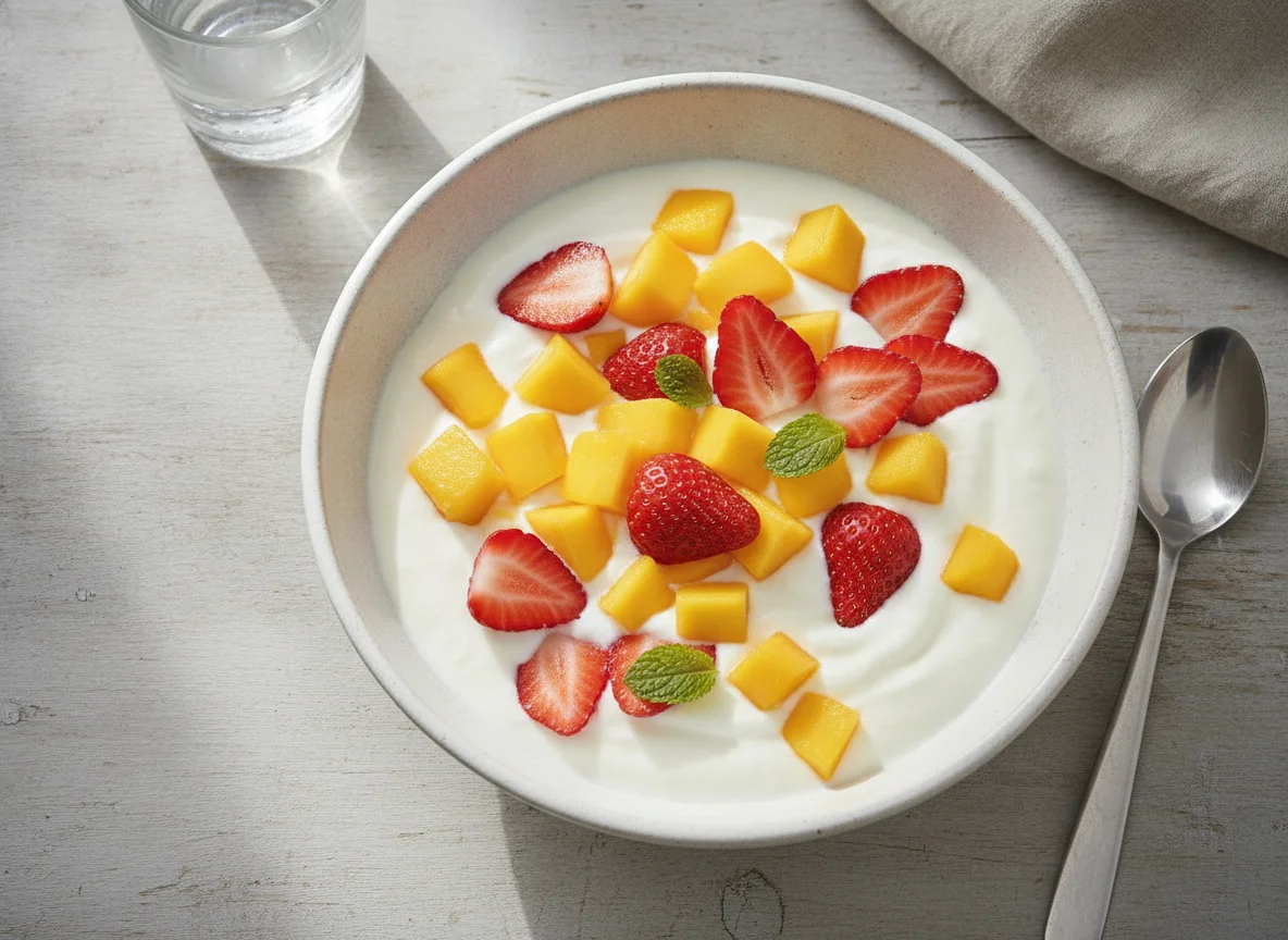 Joghurt mit Mango und Erdbeeren photo