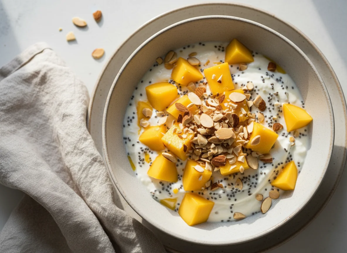 Joghurt mit Mango und Mandeln photo