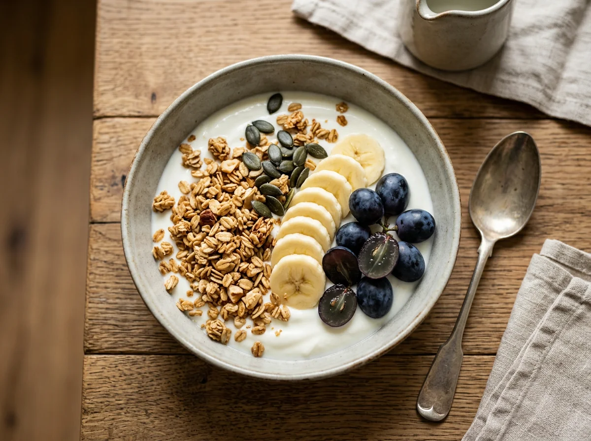 Joghurt mit Müsli, Banane, Trauben und Kürbiskernen photo