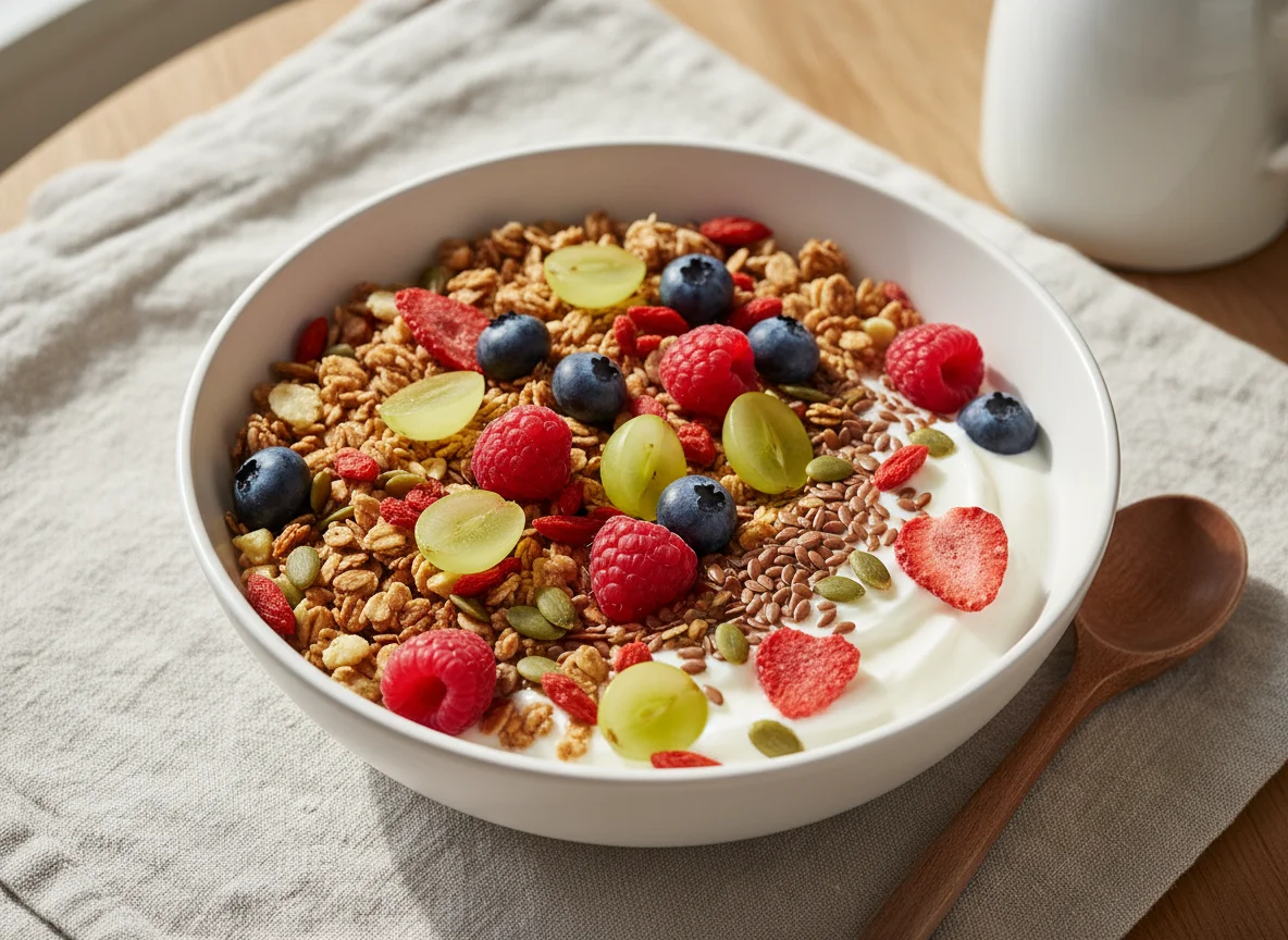 Joghurt mit Müsli, Beeren und Kernen photo