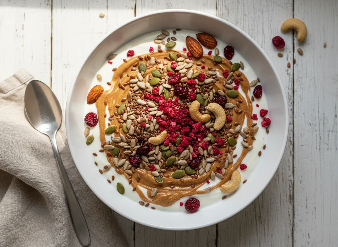 Joghurt mit Müsli, Nüssen und Nussmus photo