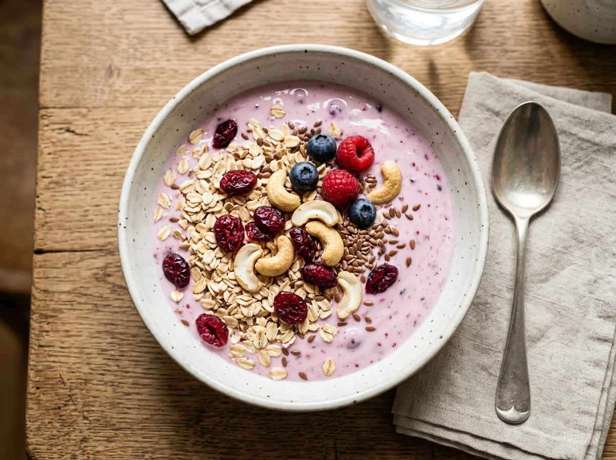 Joghurt mit Müsli, Nüssen und Trockenfrüchten photo