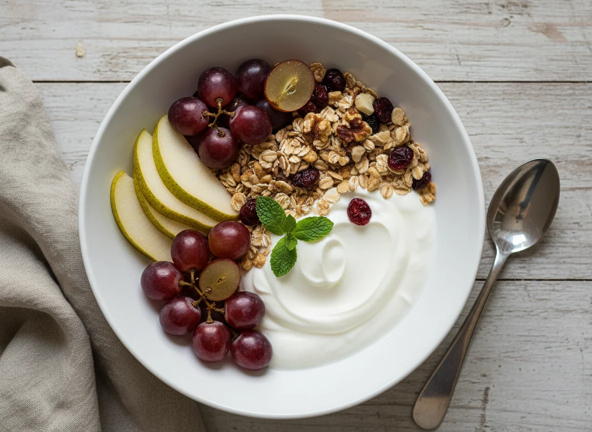 Joghurt mit Müsli, Trauben und Birne photo
