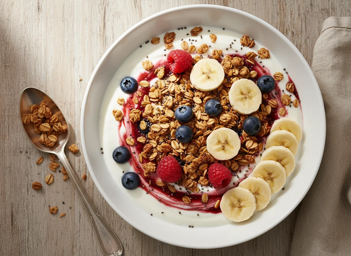 Joghurt mit Müsli und Banane photo