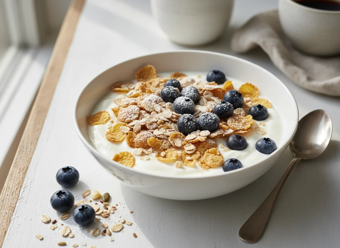 Joghurt mit Müsli und Blaubeeren photo