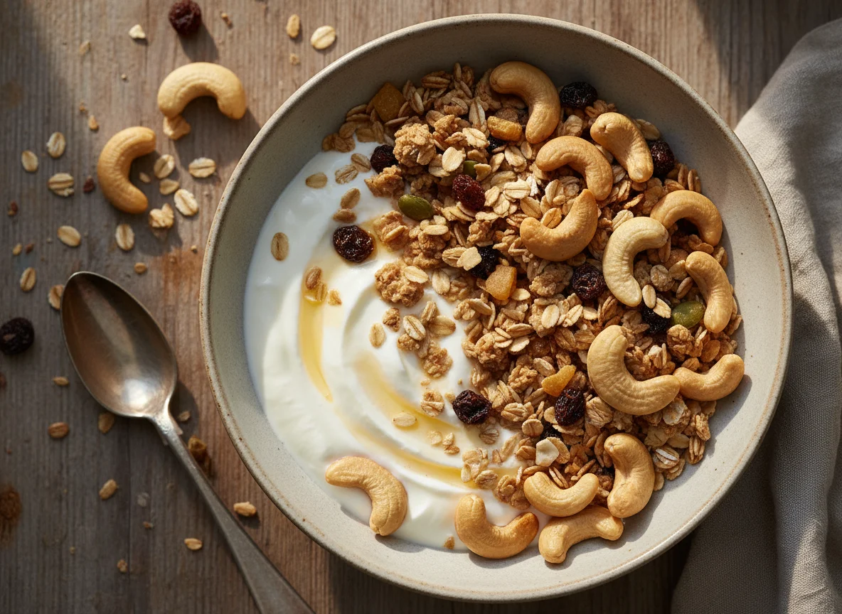 Joghurt mit Müsli und Cashewkernen photo