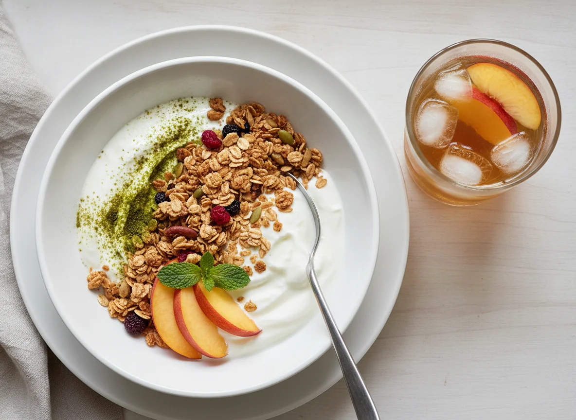 Joghurt mit Müsli und Eistee photo