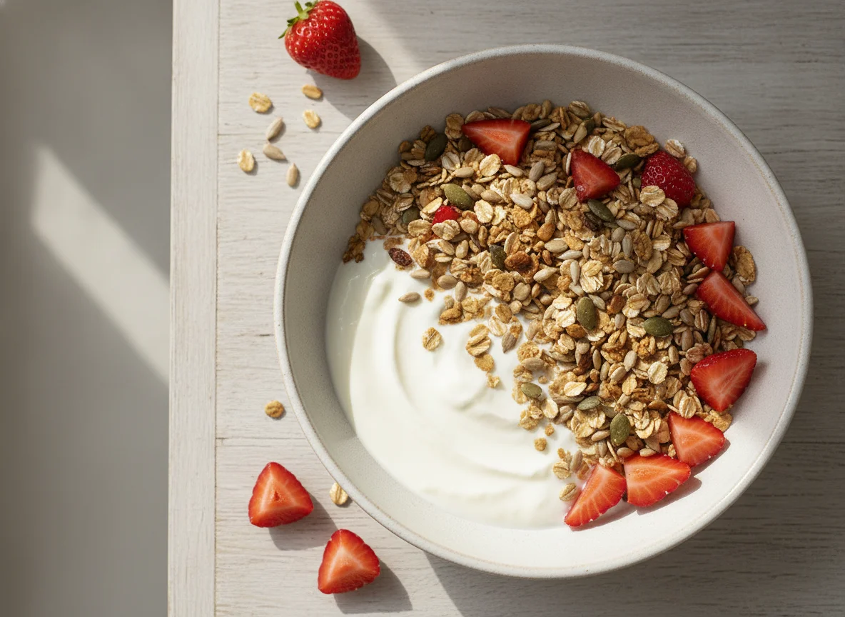 Joghurt mit Müsli und Erdbeeren photo