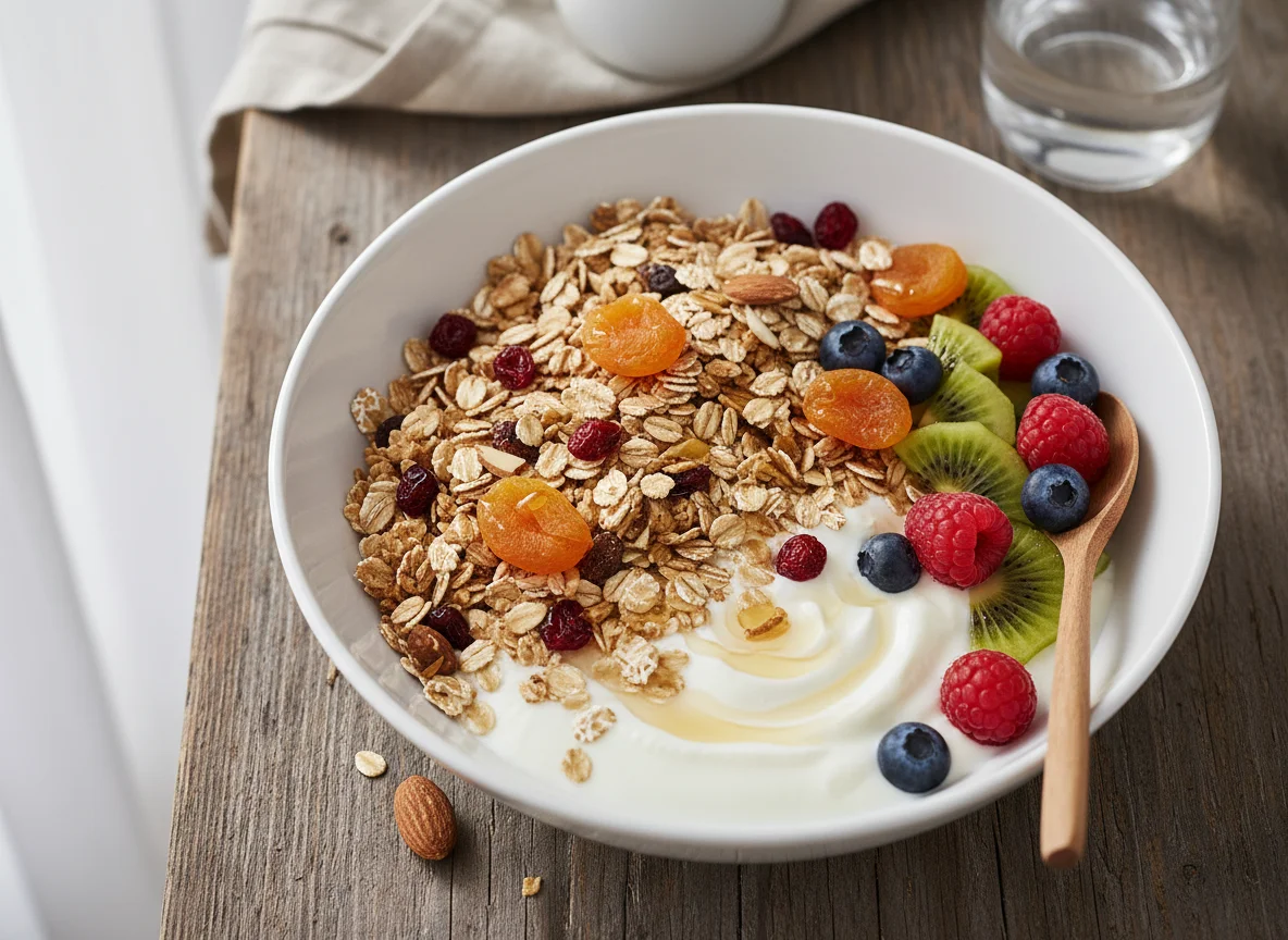 Joghurt mit Müsli und Früchten photo