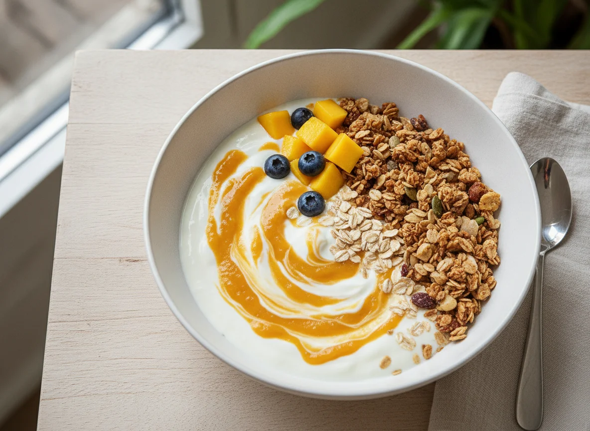 Joghurt mit Müsli und Fruchtpüree photo